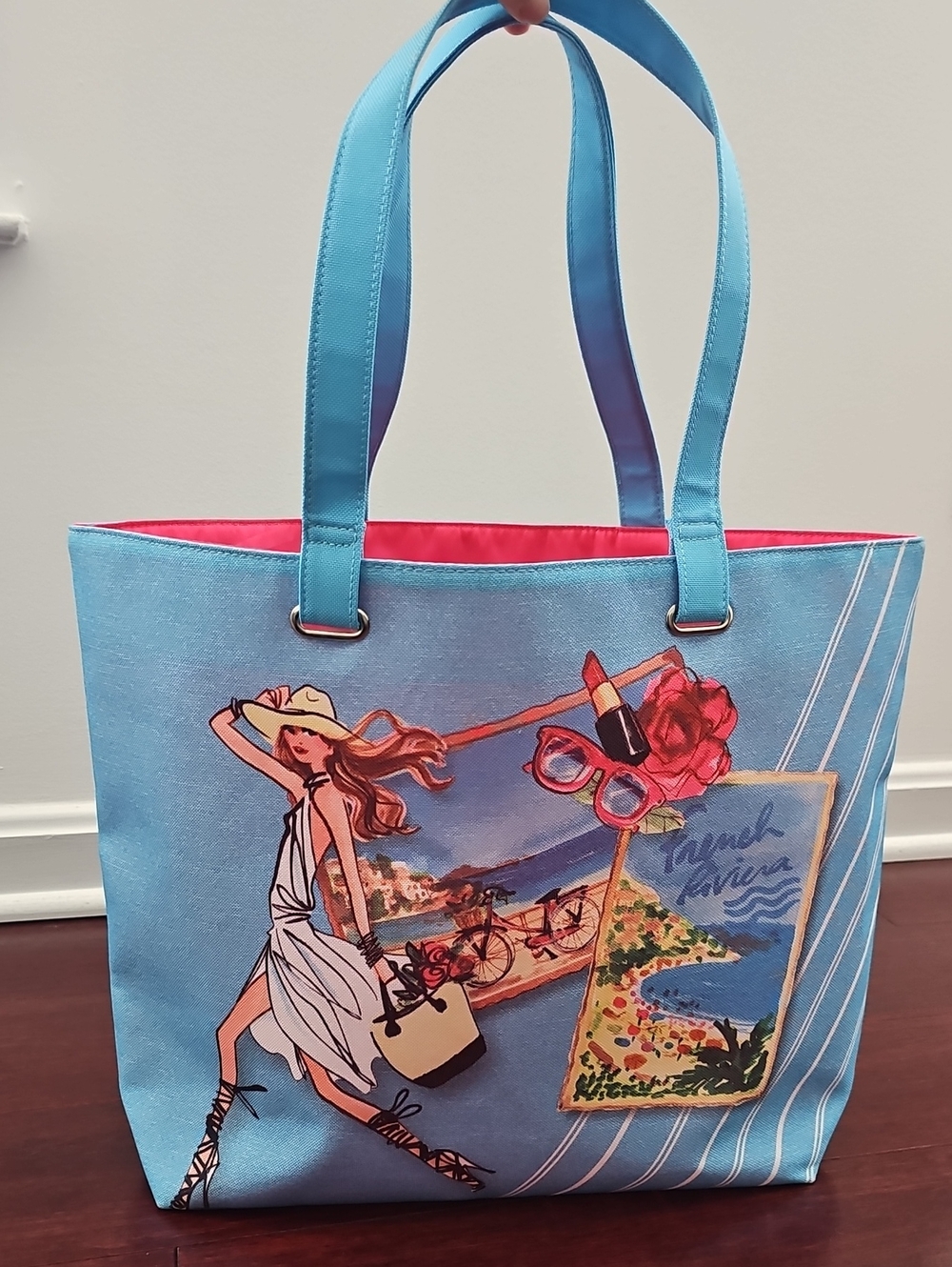 Lancome Blue Riviera Print Tote Bag with Pink Interior